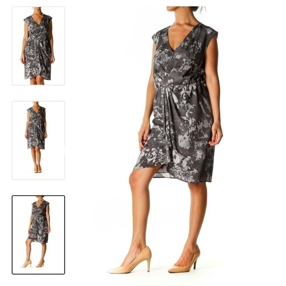 LOFT Gray Casual Fit & Flare faux wrap mini dress gray neutral 6 dainty office - Picture 2 of 13